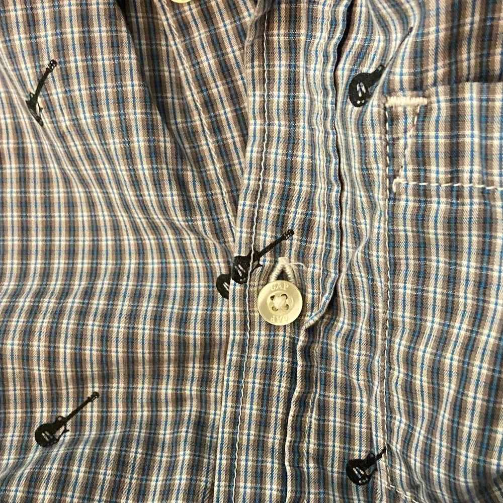 GapKids Plaid Button-Up Shirt with Guitar Print, Blue, Green & Tan